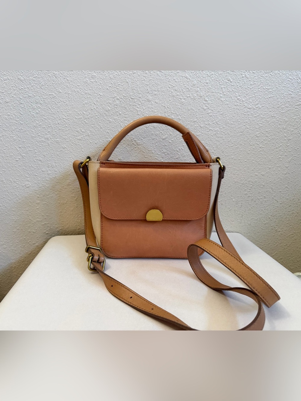 Madewell Leather Top Handle Crossbody Bag Detachable Strap Tan Cream Small